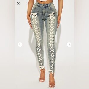 Fashion Nova Lace-Up Skinny Jeans in Blue and Cream